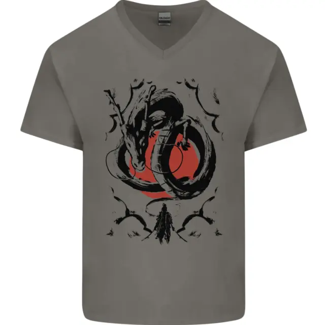 Samurai Warrior Dragon & Sun Fantasy MMA Mens V-Neck Cotton T-Shirt