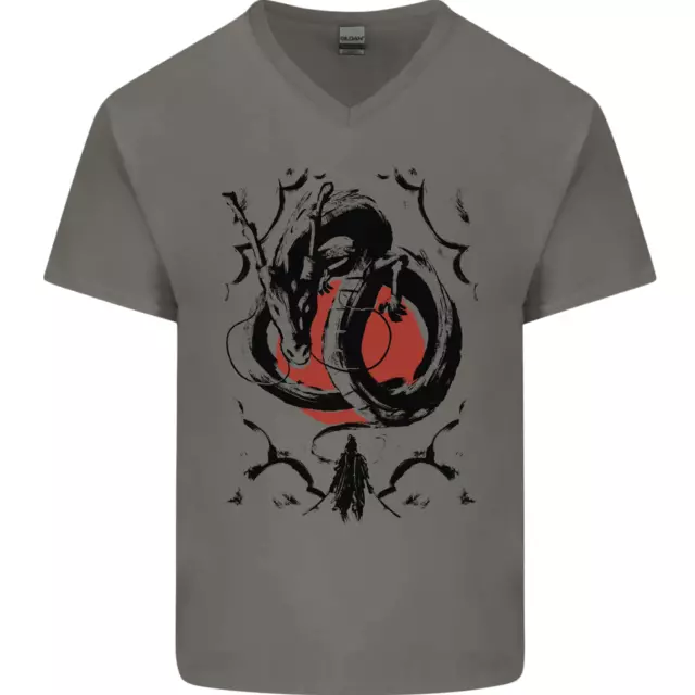 T-shirt da uomo Samurai Warrior Dragon & Sun Fantasy MMA scollo a V cotone