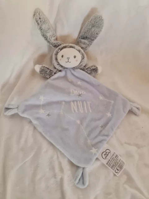 Doudou Plat Mots D’enfants Ours Lapin Bleu Gris Fourrure Phosphorescent Neuf