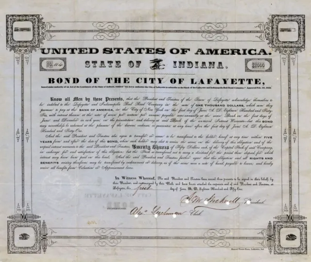 State of Indiana - Lafayette and Indianapolis Rail Road Co. - $1,000 Bond - Rail