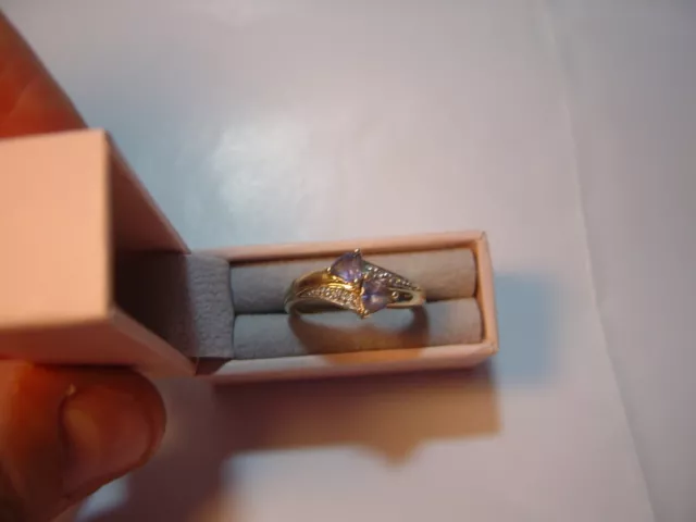 Magnificent 9Ct Gold Ring-2 Superb Rare Trillion Cut Tanzanites & Diamonds Siz N