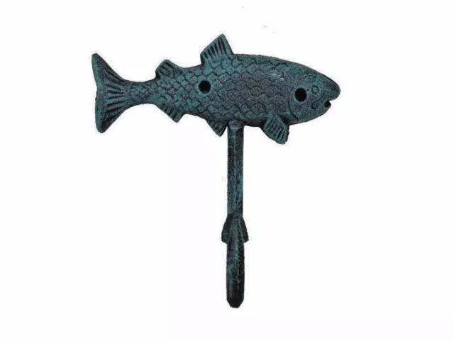 Nautical Decorative Cast Iron Fish Key Towel Coat Hook Hanger Sea worn Blue 6"L