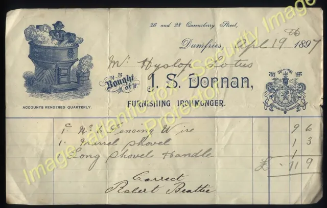 1897 DUMFRIES  Attractive IRONMONGERS billhead J.S.Donnan, Queensberry St.