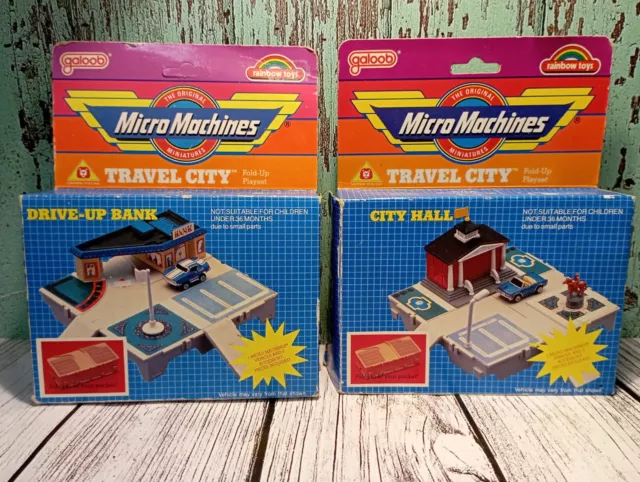 2 x Galoob Micro Machine Travel City  Fold Up Sets City Hall & Drive Up Bank 88.