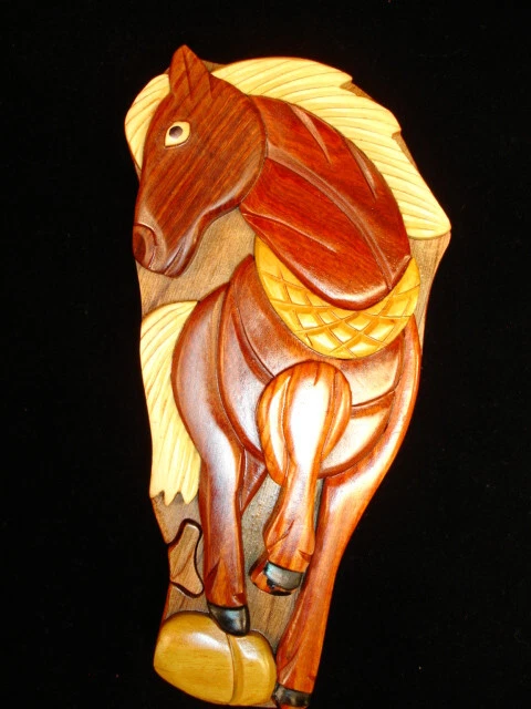 Hand crafted 3D Intarsia Wood Art HORSE Puzzle Wooden Box Wild Animal