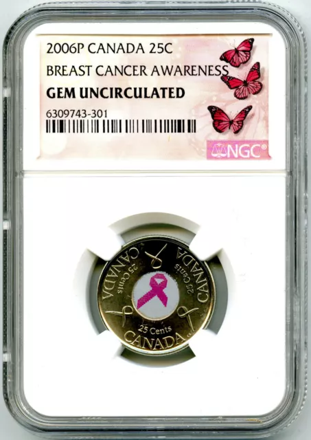 2006 P Canada Quarter Ngc Gem Unc Breast Cancer Awareness Pink Ribbon