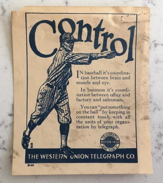 Antique 1920'S Western Union Telegraph Baseball Player Paper Advertisement