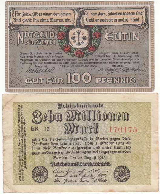 Reichsbanknote*10 Mio. Mark 1923 + Notgeld*Stadt Eutin*100 Pfg.*Dezember 1920