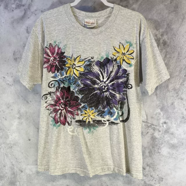 Vintage Colorful Flower T Shirt Mens Large Kathy Active Short Sleeve