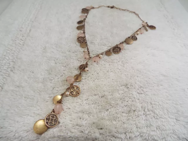 BIJOUX TERNER Coppery-Brasstone Pink Bead Drop Chain Necklace (C59)