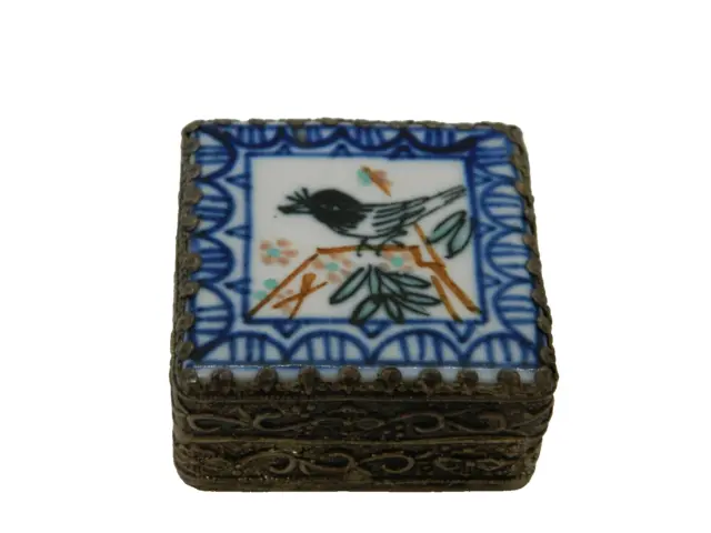 Vintage Small Metal Trinket Box Bird Themed Ceramic Tile Encased Lid