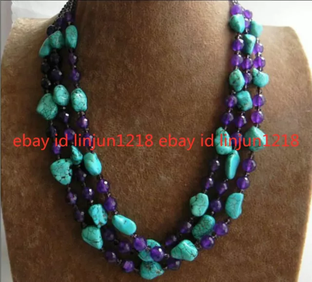 48 Inch Nugget Turquoise & 6mm Purple Amethyst & Crystal Beads Necklace