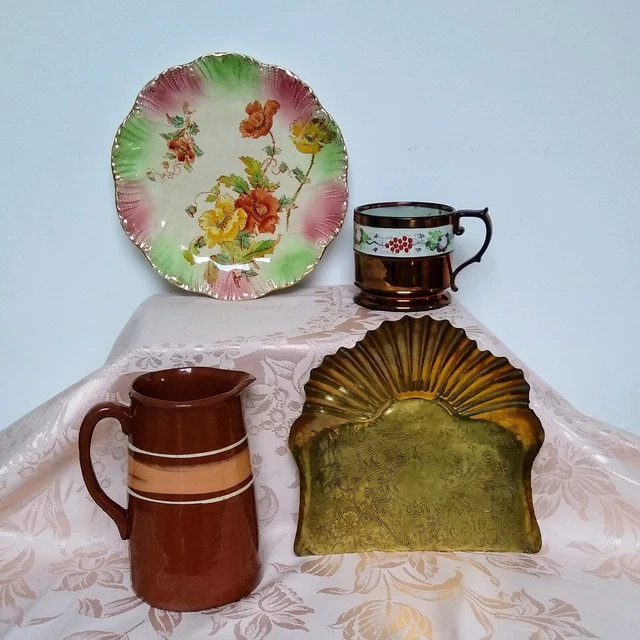 Vintage Antique Joblot Sankey Brass Crumb Tray, Copper Lustre Tankard, Jug Plate