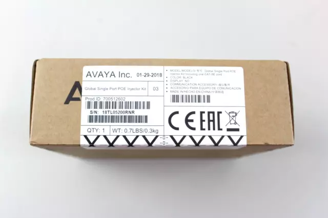 Avaya ENT 700512602 15.4W Global Single Port PoE Injector Kit 10, 100 &  1000 