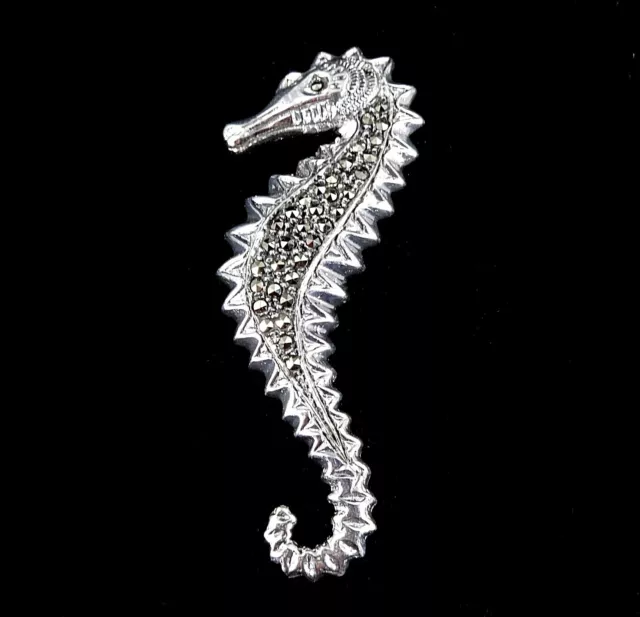 Handcrafted Solid 925 Sterling Silver & Marcasite Aquatic Seahorse Brooch/Pin