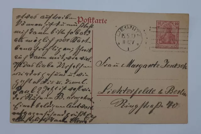 DR Germania 10 Pf. Postkarte, Ganzsache Liegnitz (Preußen) 15.5.1919