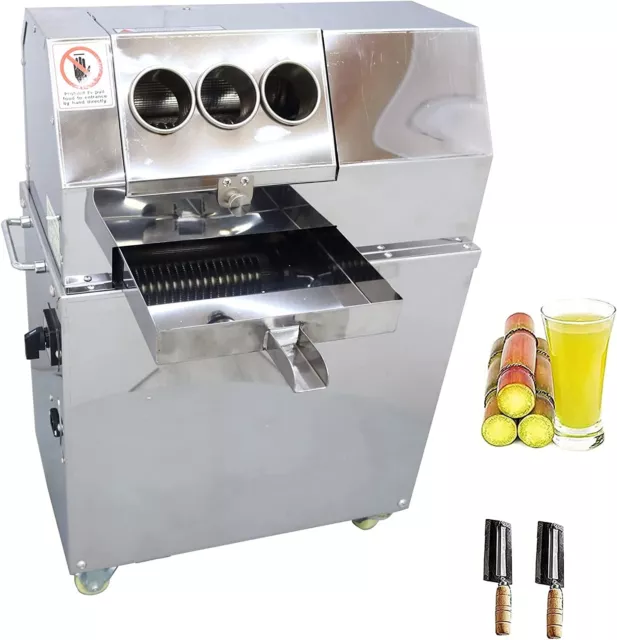 110V Sugarcane Press, Electric 3 Rollers Sugar Cane Juicer Machine w/Three Ports