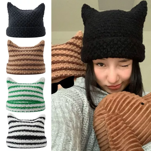 Pointed Pullover Japanese Beanie Hat Ins Little Devil Striped Knitted Wool Cap