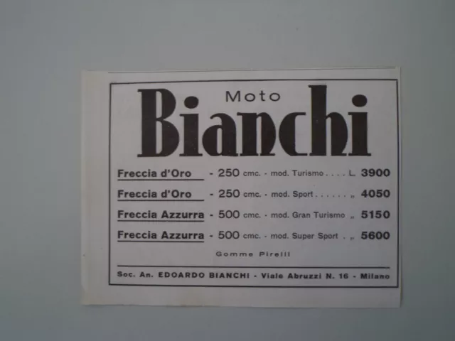 advertising Pubblicità 1936 MOTO BIANCHI FRECCIA D'ORO/AZZURRA