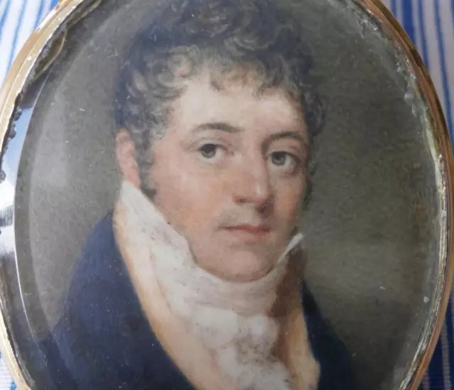 Fine Georgian Portrait Miniature Handsome Young Gentleman Mourning Hair Back