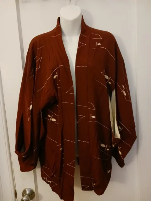 Vintage Handmade dark Red Silk Japanese Traditional Haori Kimono Jacket men's S