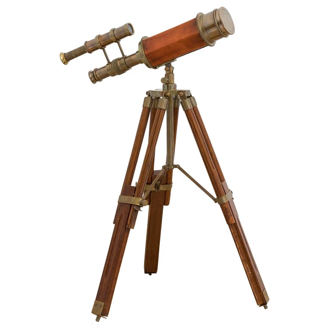 Doble telescopio binocular con trípode de madera latón estilo antiguo