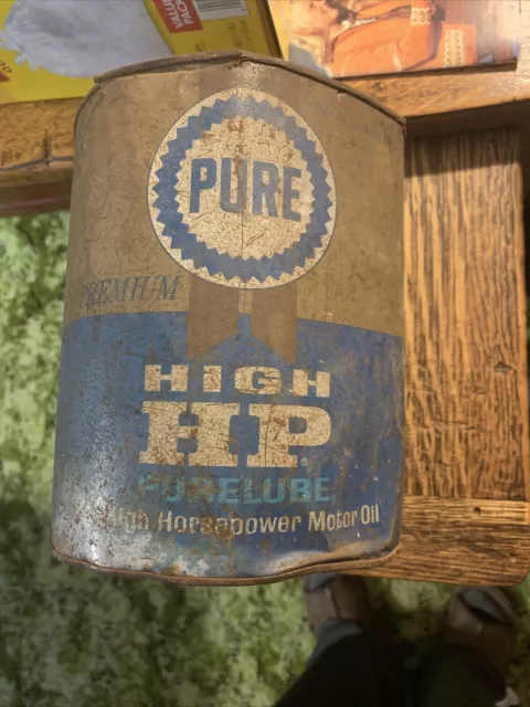 Vintage PURE Premium High HP Purelube Motor Oil Empty metal one gallon barn find