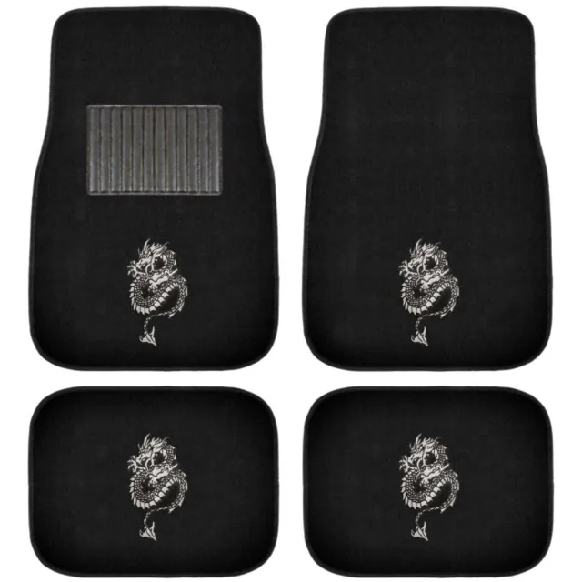 New 4PC SET Dragon Silver Car Truck Front Rear Back Black Carpet Floor Mats