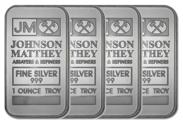 Four JOHNSON MATTHEY Fine Silver .999 One Troy Ounce Silver Bars