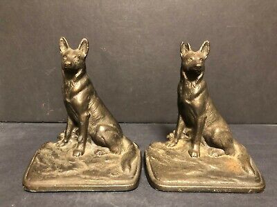 Pair Of Antique C1920S Solid Cast Iron Bronze Finish German Shepard Dog Bookends