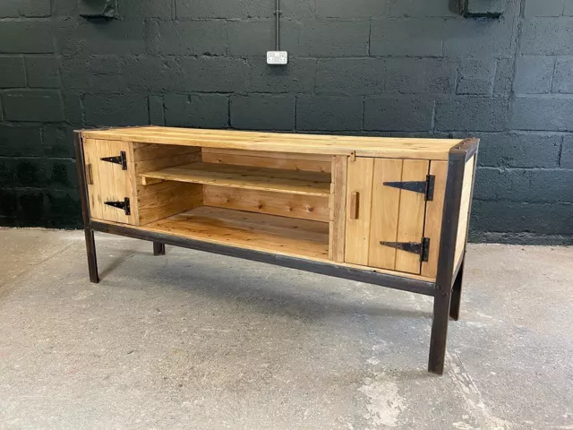 20thC Steel Framed Stripped Pine Workbench. Industrial Console Table.