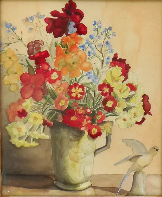 Vintage Painting Still Life Flowers Jug Parrot Figurine Signed Label Verso c1900 2