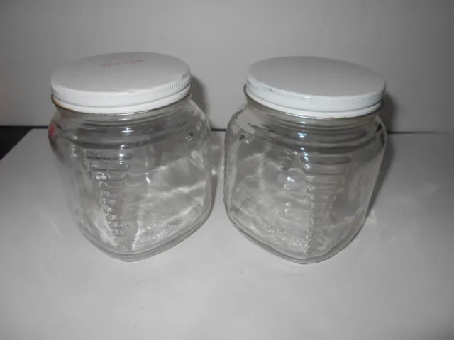 2 VTG 5" HOOSIER Style Glass Square Canisters Ribbed Corners Lids Brockway 5010