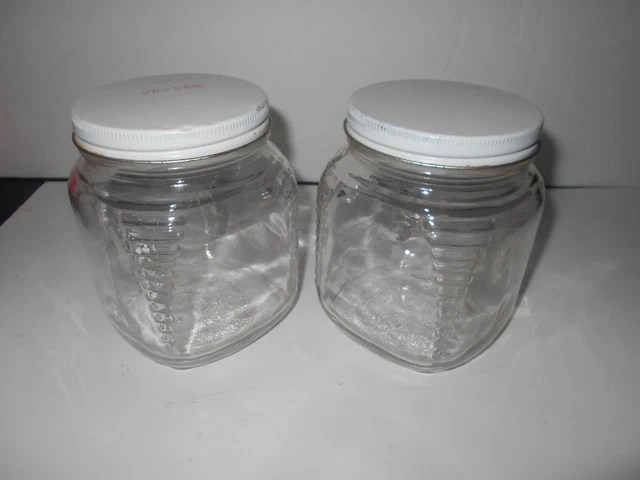 2 VTG 5" HOOSIER Style Glass Square Canisters Ribbed Corners Lids Brockway 5010