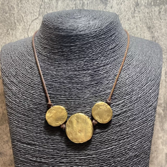 RETRO Gold Disc/Coin Pendant Necklace Gold Tone Collar Brown Cord Brutalist