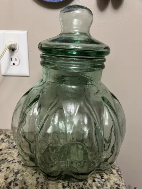 Vntg 14”Glass Apothecary Canister Large Pumpkin Shape Light Green Heavy9lb, 32”c