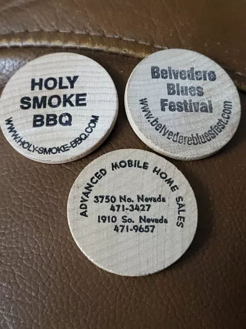 Lot Of 3 Wooden Nickles Belvedere Blues Festival Holy Smoke Bbq Advance...