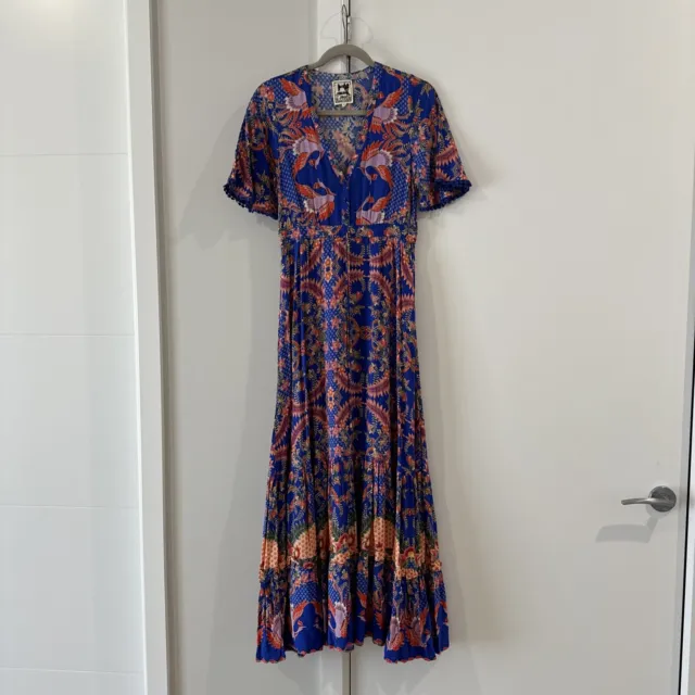 Jaase Dress Size S Fits XS Blue Floral Maxi V Neck Tie Waist Flared Sleeve Rayon