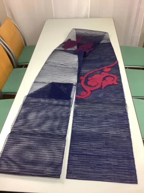 Japanese Vintage Kimono Nagoya Obi Transparent Hemp Fabric Navy Blue 348x27.9cm