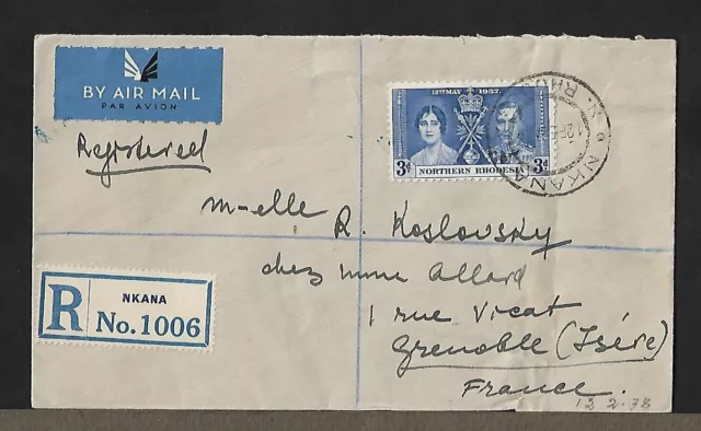 Northern Rhodesia Nkana To France Air Mail Kgvi & Qe On Registered Cover 1938