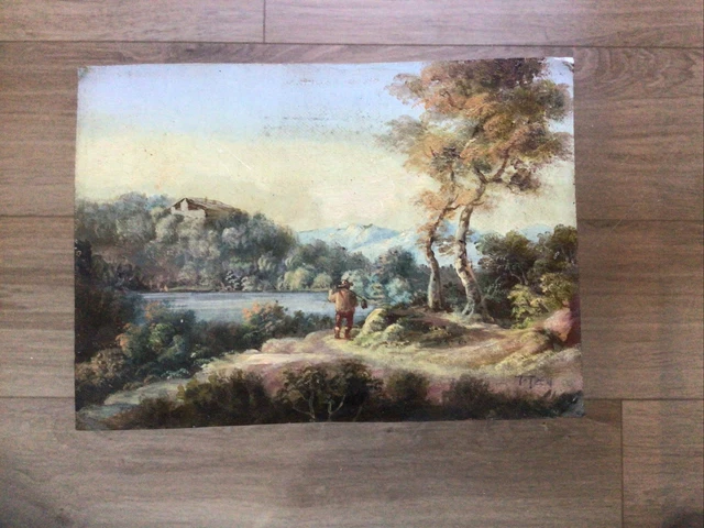 Tableau Ancien Huile Portrait Paysage Montagneux Pêcheur Signature à Identifier
