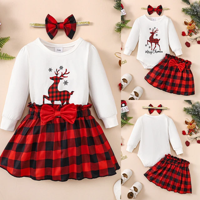 Christmas Baby Girls Long Sleeve Elk Print Top Check Skirts Headband Clothes Set