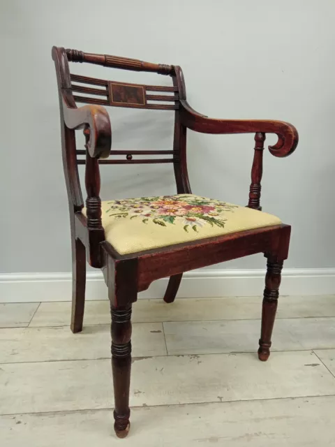 Open Elbow Chair Needlepoint Tapestry Floral Early 19C Hall Antique Armchair