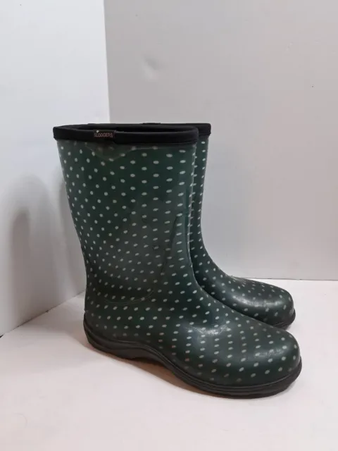 Sloggers Waterproof Rain Garden Boots Women Sz 9 Green White Polka Dot USA MADE