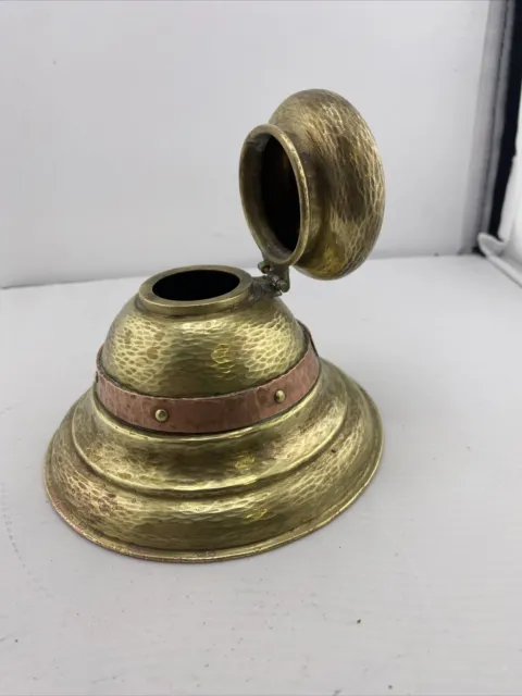 Antique brass and copper Inkwell Bell Shaped hinged lid 4.74 Round 4.5 In Tall A