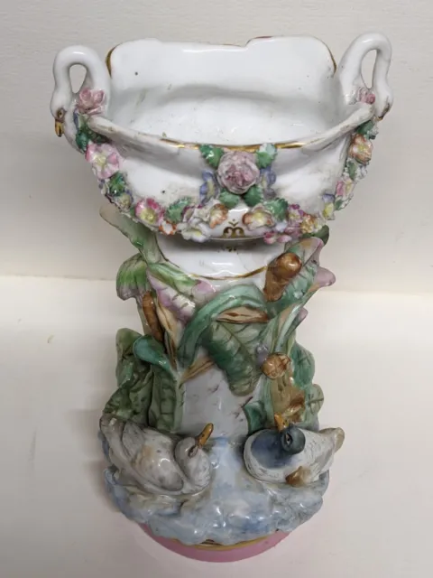 Antique Victorian Porcelain Centerpiece Bowl Vase with ducks & swans marked ML 2