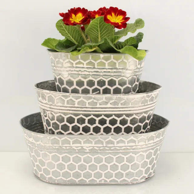 3 ovale Blumentöpfe aus Metall im Set Wabenmuster - Topf Pflanzkübel Kasten P64