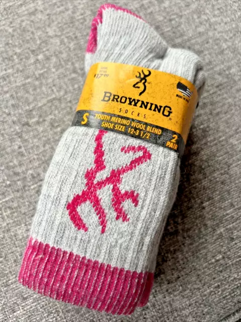 2 NEW PAIRS - Browning Socks - All Season Youth S Shoe Size 12-3.5 Pink & Gray