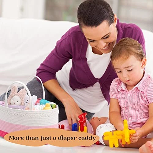 Baby Diaper Caddy Organizer, Extra Large Cotton Rope Nursery Diaper Basket, Chan 2
