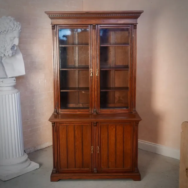 Antique Oak Bookcase Glazed Victorian 19th Century Display Cabinet